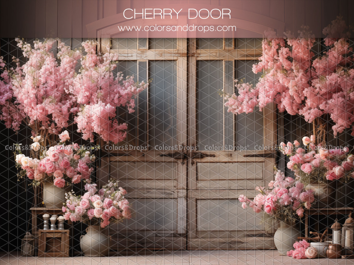 Photo backdrop Cherry Door – old glass doors with potted pink cherry trees | Colors&Drops
