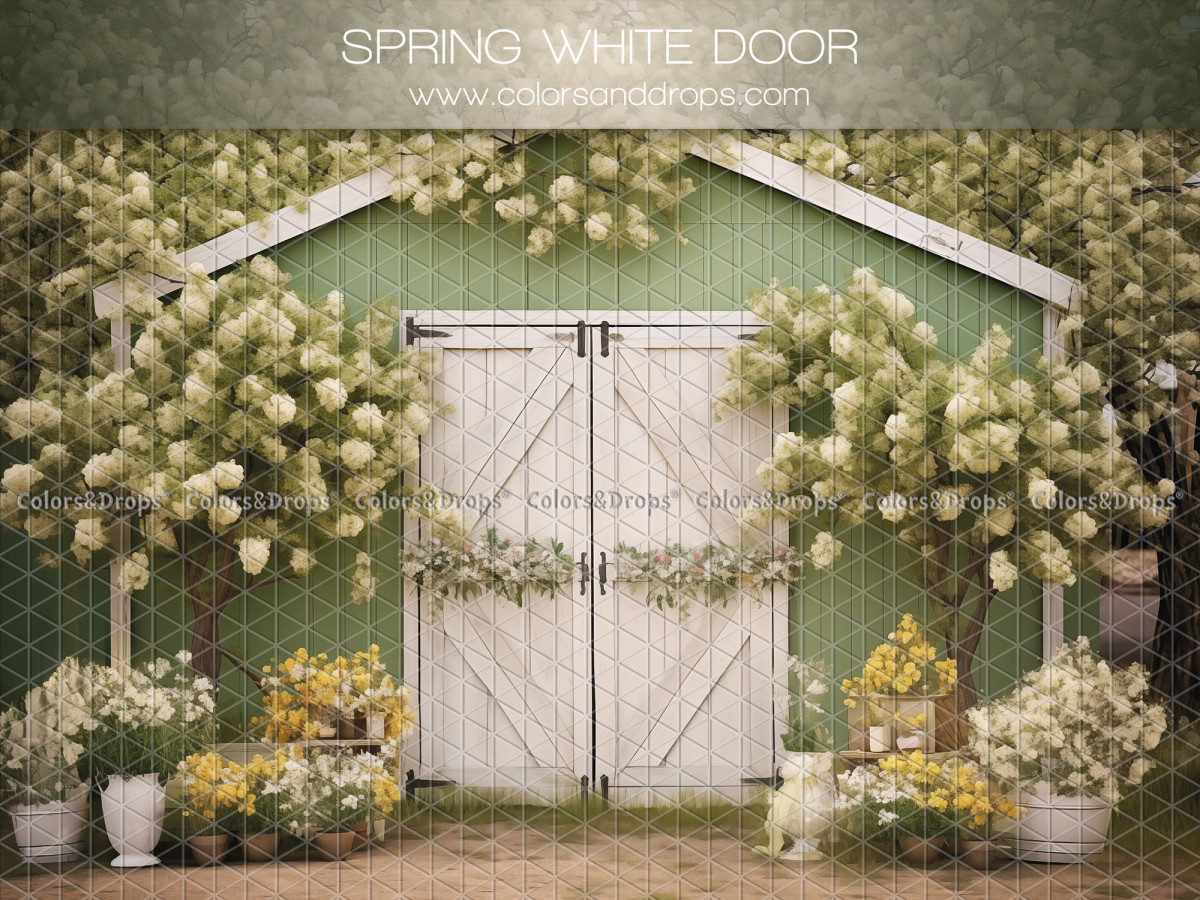 Floral photo backdrop Spring White Door – green shed with white doors and hydrangeas | Colors&Drops