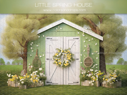 Fondo fotográfico Little Spring House – pequeña caseta verde con corona y árboles en flor | Colors&Drops