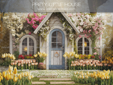 Fondo fotográfico de primavera Pretty Little House – pequeña casa gris florida con tulipanes amarillos | Colors&Drops