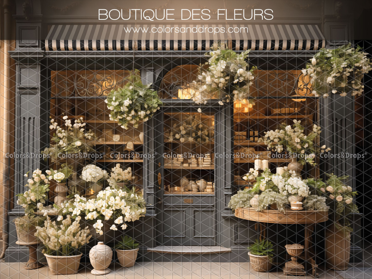 Fondo fotográfico de primavera Boutique des Fleurs – fachada de floristería gris con ramos blancos | Colors&Drops