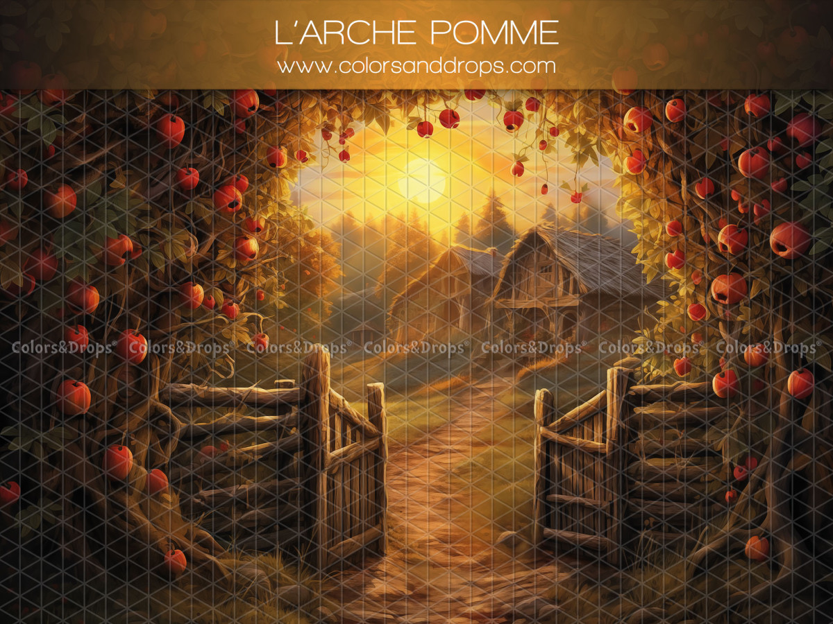 Fondo fotográfico de primavera L'Arche Pomme – arco de manzanos y portón de madera al atardecer | Colors&Drops