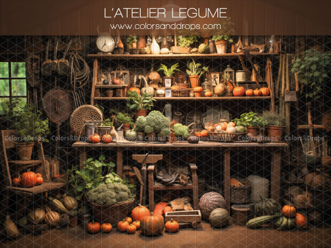 Fondo fotográfico de primavera L'Atelier Legume – taller de huerto con verduras, calabazas y estantes | Colors&Drops