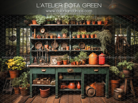 Fond photo de printemps L'Atelier Bota Green – atelier de jardinier avec buffet vert et pots en terre | Colors&Drops