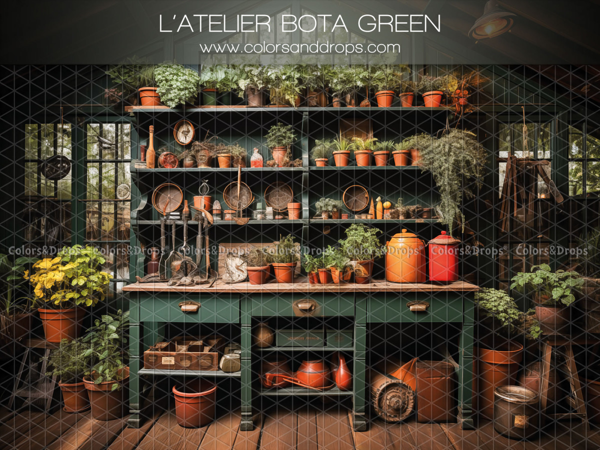 Spring photo backdrop L'Atelier Bota Green – gardener's workshop with green cabinet and clay pots | Colors&Drops