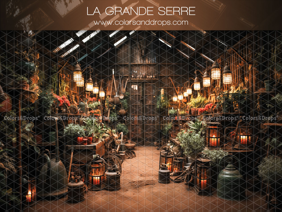 Spring photo backdrop La Grande Serre – large old greenhouse with lanterns and plants | Colors&Drops