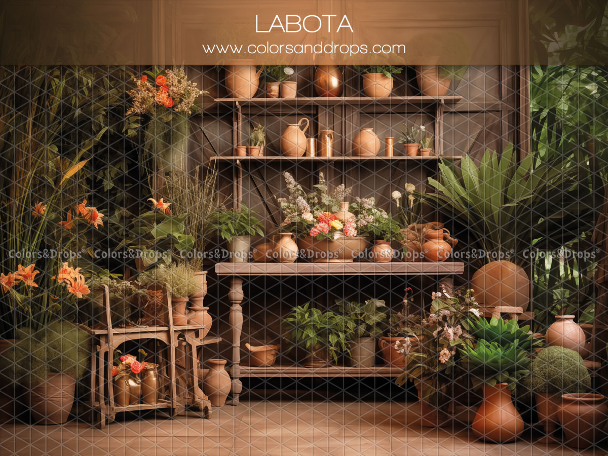 Spring photo backdrop La Bota – shelves of pottery and green plants | Colors&Drops