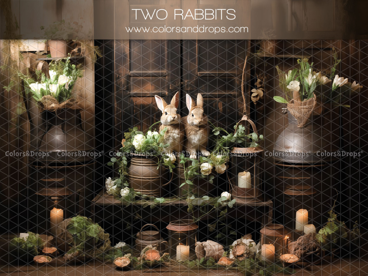 Fondo fotográfico de Pascua Two Rabbits – conejos de Pascua con flores blancas y velas | Colors&Drops