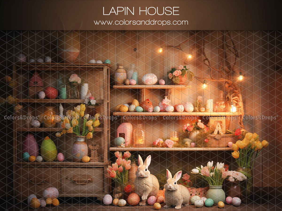 Fondo fotográfico de Pascua Lapin House – estantes de Pascua con conejos, huevos y tulipanes | Colors&Drops