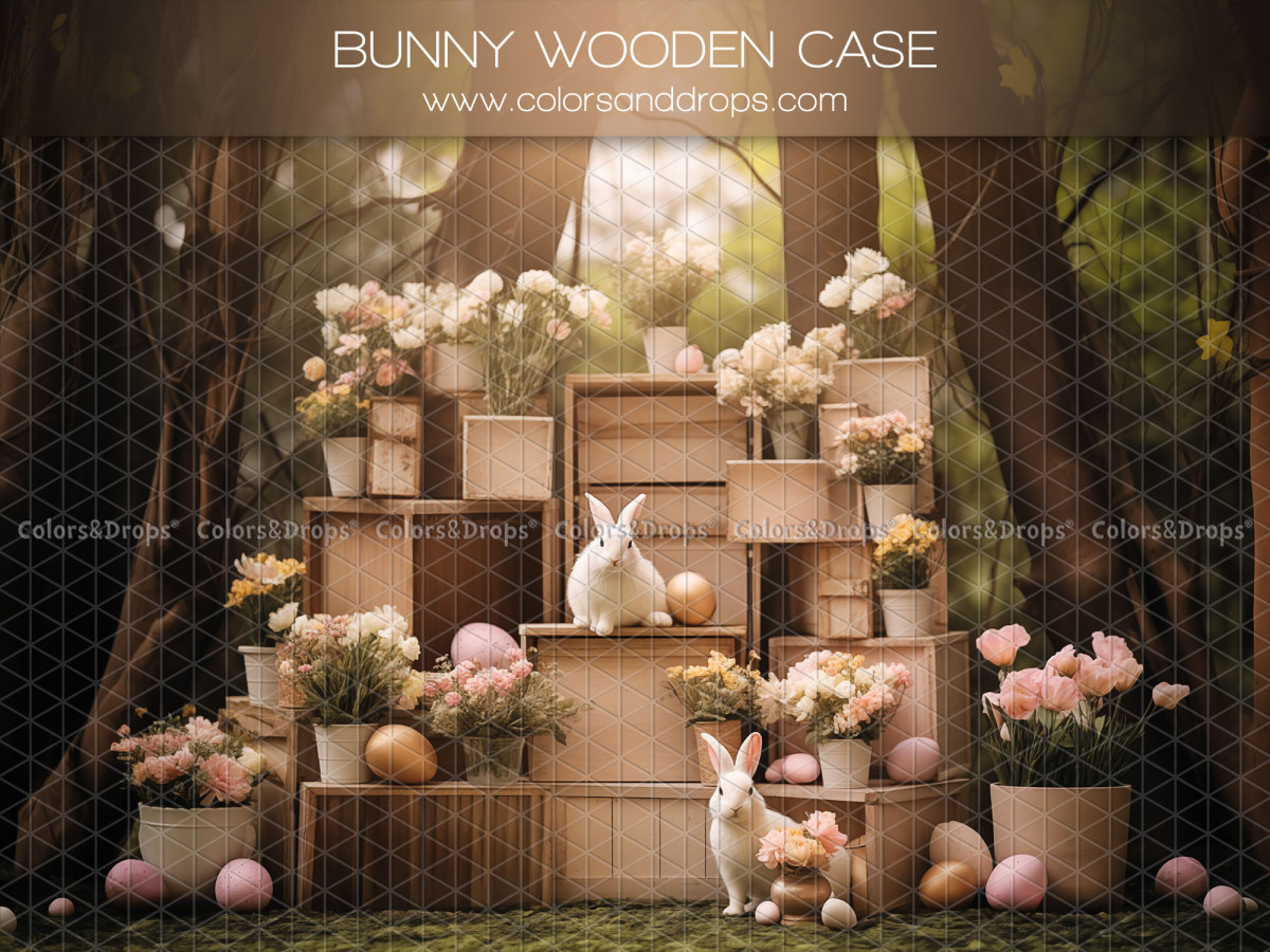 Fondo fotográfico de Pascua Bunny Wooden Case – conejos con cajas de madera y flores en el bosque | Colors&Drops