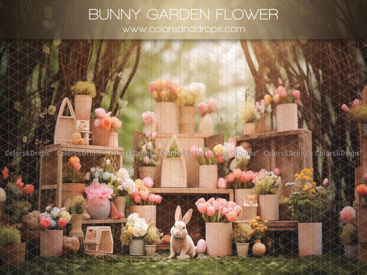 Fondo fotográfico de Pascua Bunny Garden Flower – conejo en jardín florido con estantes de macetas | Colors&Drops