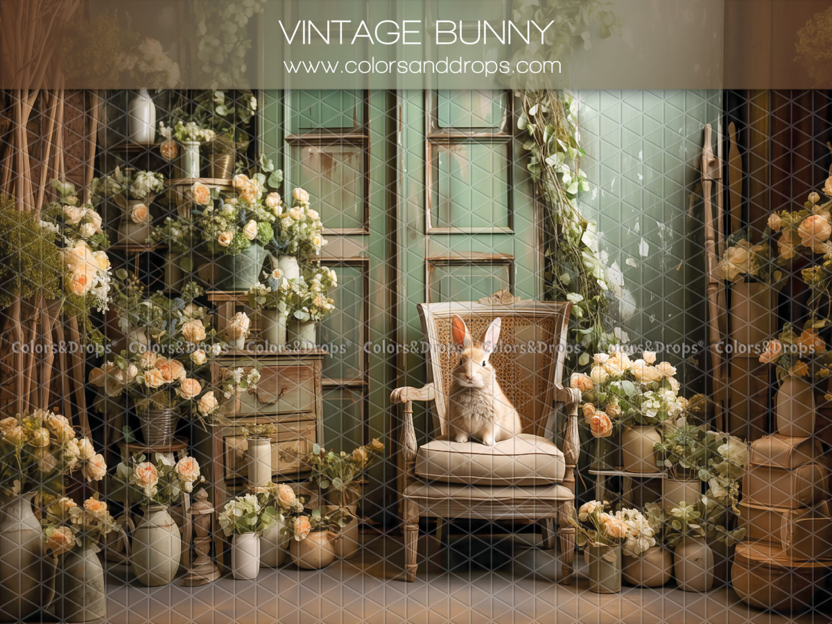 Fondo fotográfico de Pascua Vintage Bunny – conejo blanco en sillón vintage rodeado de flores | Colors&Drops