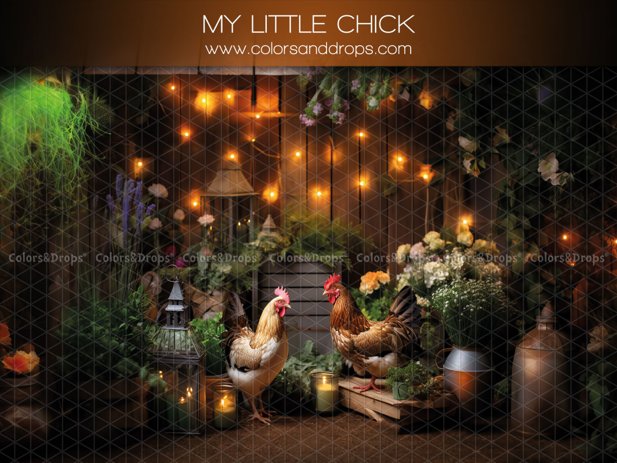 Fondo fotográfico de bebé y smash cake My Little Chick – gallinas en un jardín nocturno con guirnalda de luces | Colors&Drops