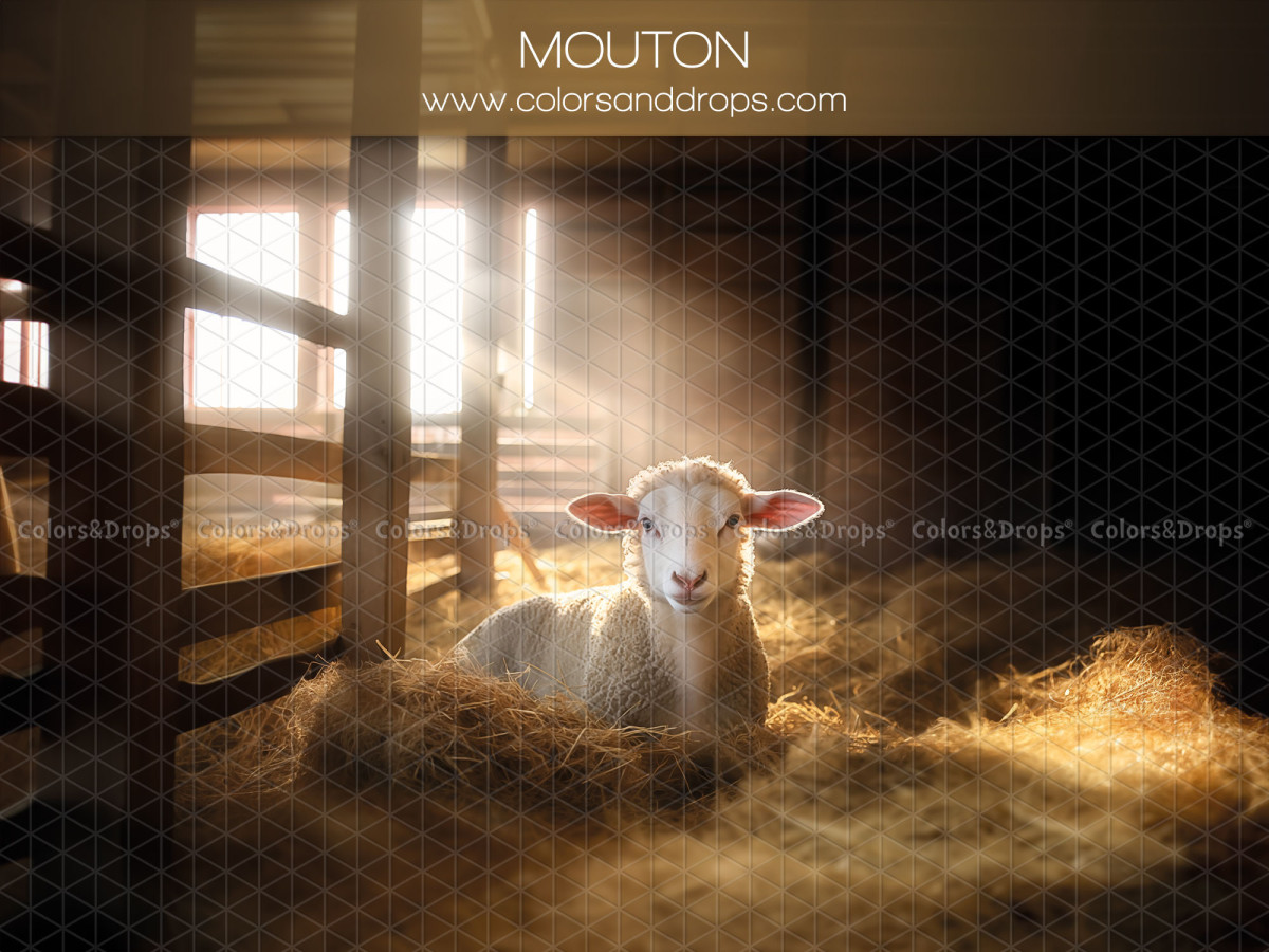 Fondo fotográfico de Pascua Mouton – oveja tumbada en la paja de un granero | Colors&Drops