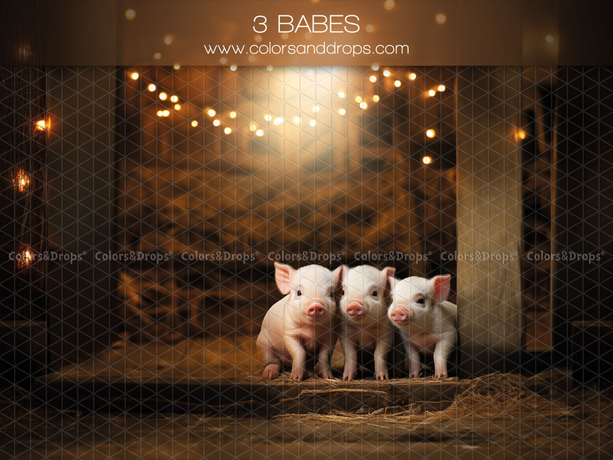 Fondo fotográfico de Pascua 3 Babes – tres cerditos en un granero iluminado | Colors&Drops