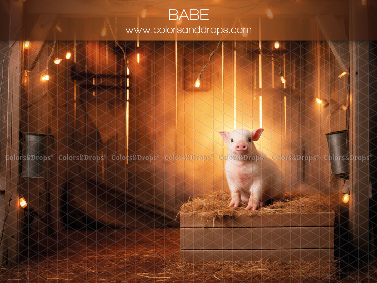 Fondo fotográfico de Pascua Babe – cerdo sobre una paca de paja en un granero | Colors&Drops
