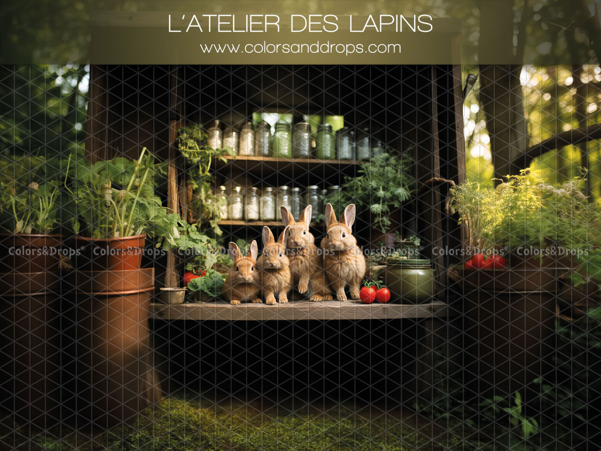 Easter photo backdrop L'Atelier des Lapins – bunnies on a garden bench in the forest | Colors&Drops