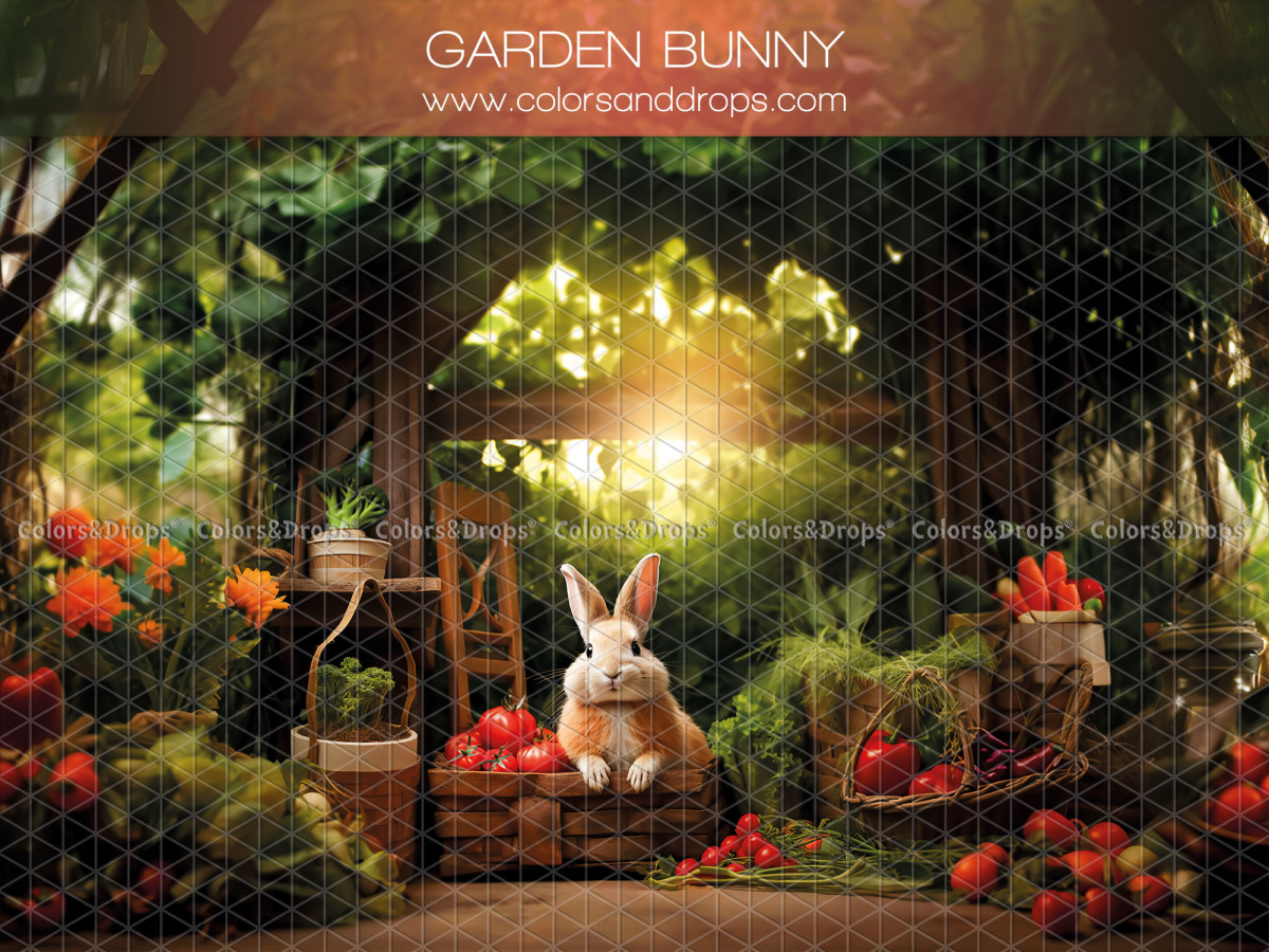 Baby & cake smash photo backdrop Garden Bunny – bunny in vegetable garden with strawberries and orange flowers | Colors&Drops