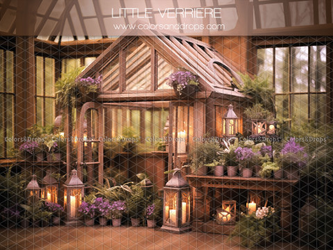 Spring photo backdrop Little Verriere – small wooden greenhouse with purple flowers and lanterns | Colors&Drops