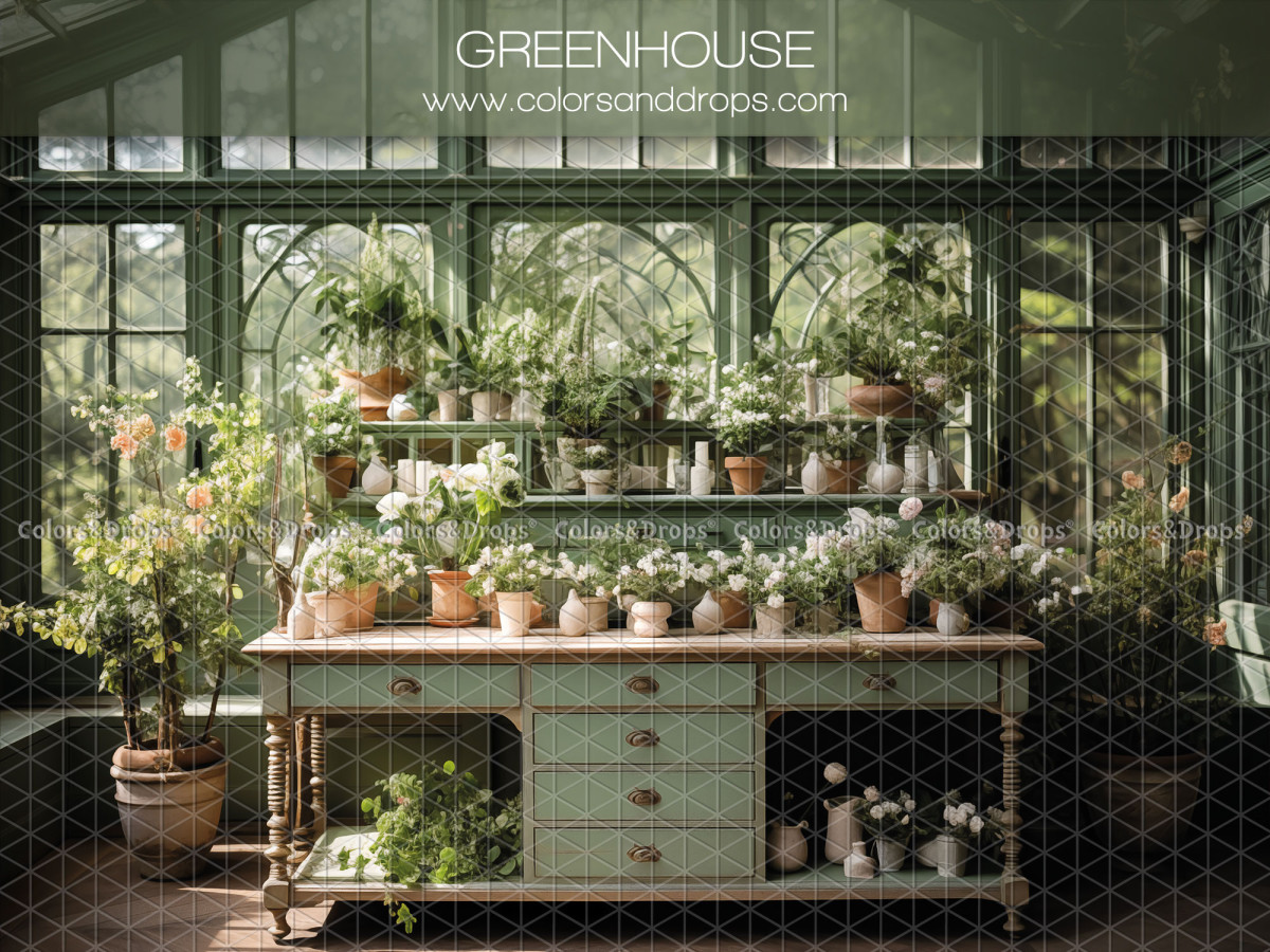 Fond photo de printemps Green House – serre avec buffet vert et plantes en pots | Colors&Drops