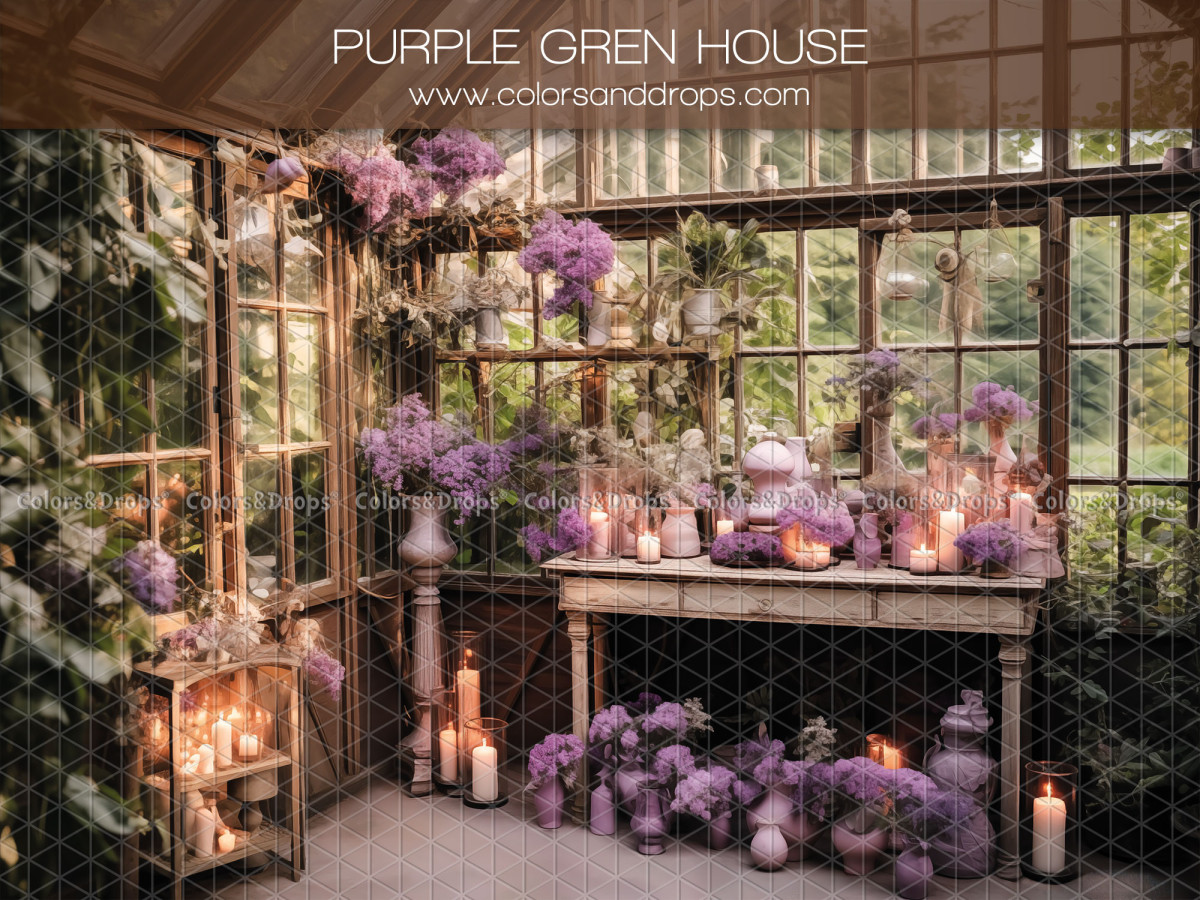 Fond photo de printemps Purple Green House – serre avec console, lilas violets et bougies | Colors&Drops
