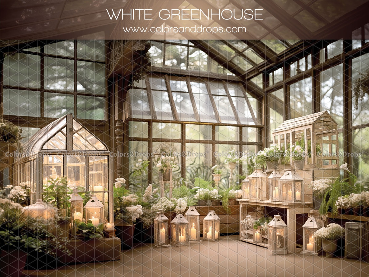 Fond photo de printemps White Green House – serre blanche avec mini-serres et lanternes | Colors&Drops