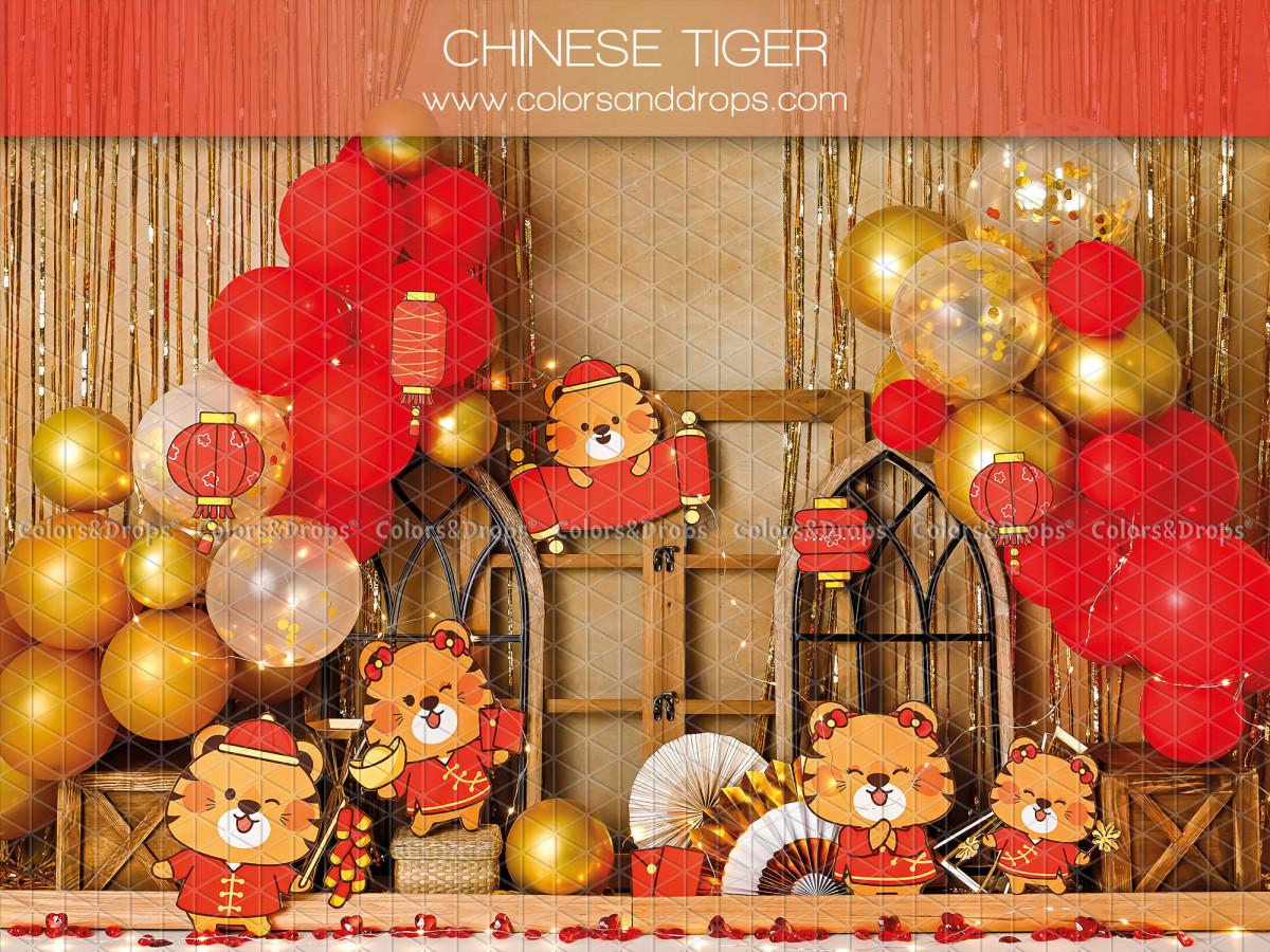 Baby & cake smash photo backdrop Chinese Tiger – Chinese New Year set with tigers and red lanterns | Colors&Drops