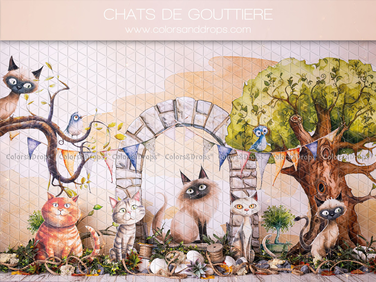 Fond photo bébé et smash cake Chats de Gouttiere – chats illustrés avec arche en pierre et arbre | Colors&Drops