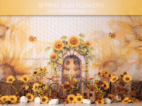 Fond photo bébé et smash cake Spring Sun Flowers – porte fleurie de tournesols illustrée à l'aquarelle | Colors&Drops
