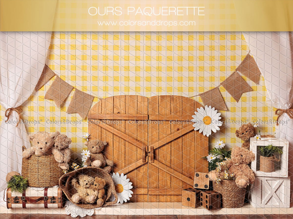 Baby & cake smash photo backdrop Ours Paquerette – teddy bears with barn door and yellow gingham | Colors&Drops