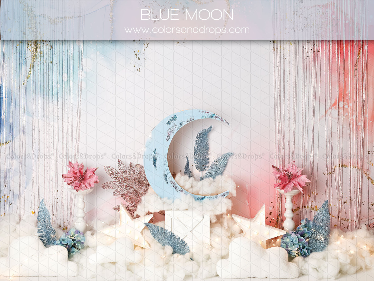 Fondo fotográfico de bebé y smash cake Blue Moon – luna azul y nubes con flores sobre fondo de acuarela | Colors&Drops