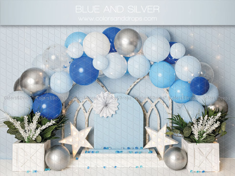 Fondo fotográfico de bebé y smash cake Blue and Silver – arco de globos azules y plateados con estrellas | Colors&Drops