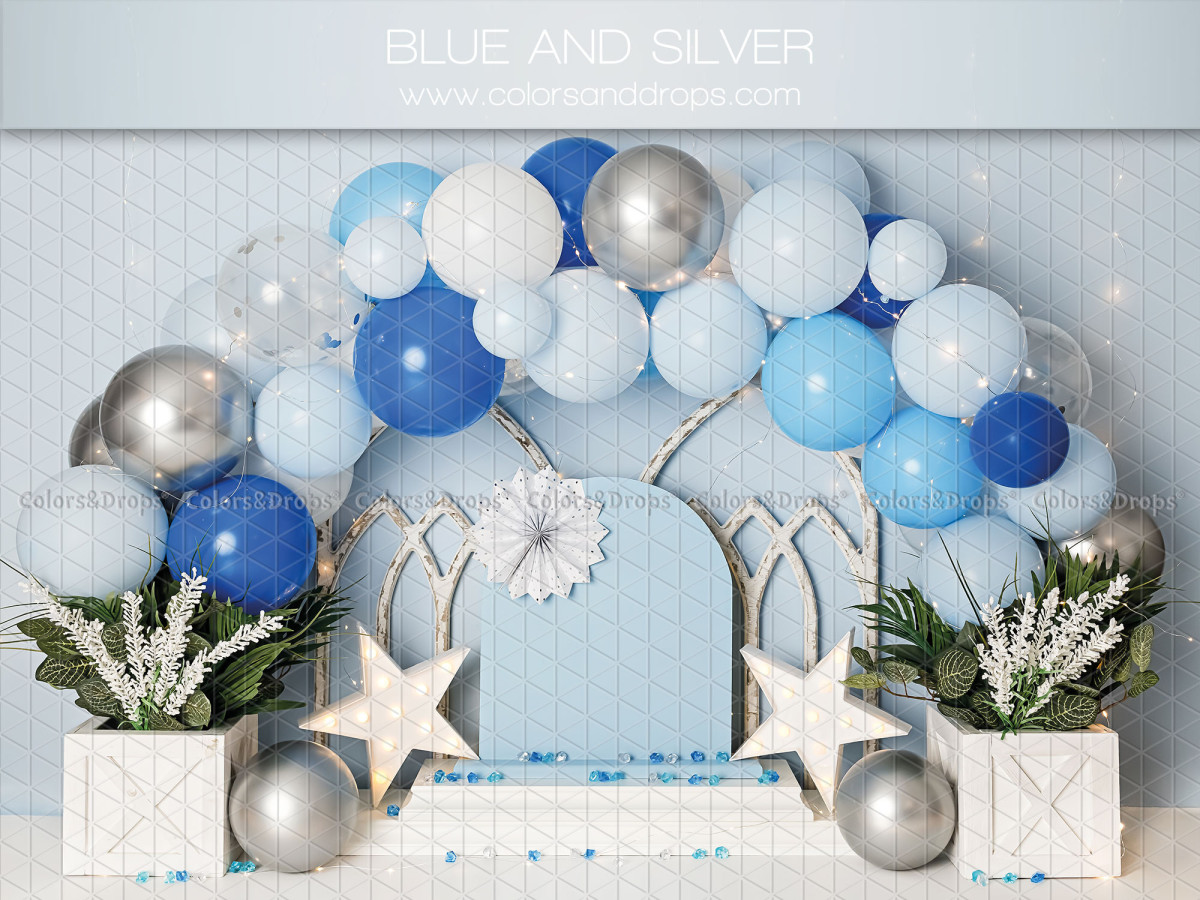 Baby & cake smash photo backdrop Blue and Silver – blue and silver balloon arch with stars | Colors&Drops