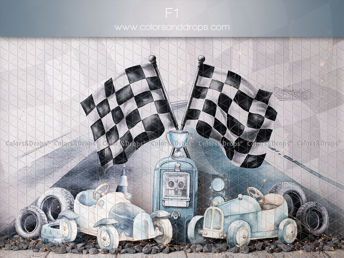 Fond photo bébé et smash cake Formule1 – voitures de course avec drapeaux à damier | Colors&Drops