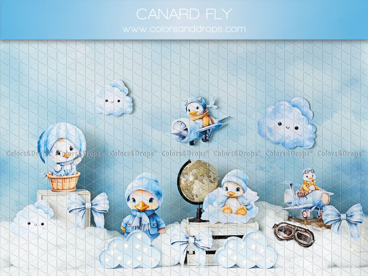 Fond photo bébé et smash cake Canard Fly – canards aviateurs en peluche dans les nuages | Colors&Drops