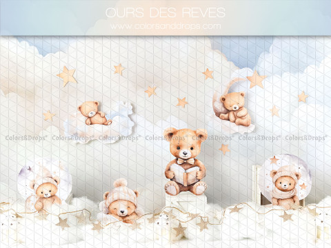 Fondo fotográfico de bebé y smash cake Ours des Reves – osos de peluche dormidos entre nubes y estrellas | Colors&Drops