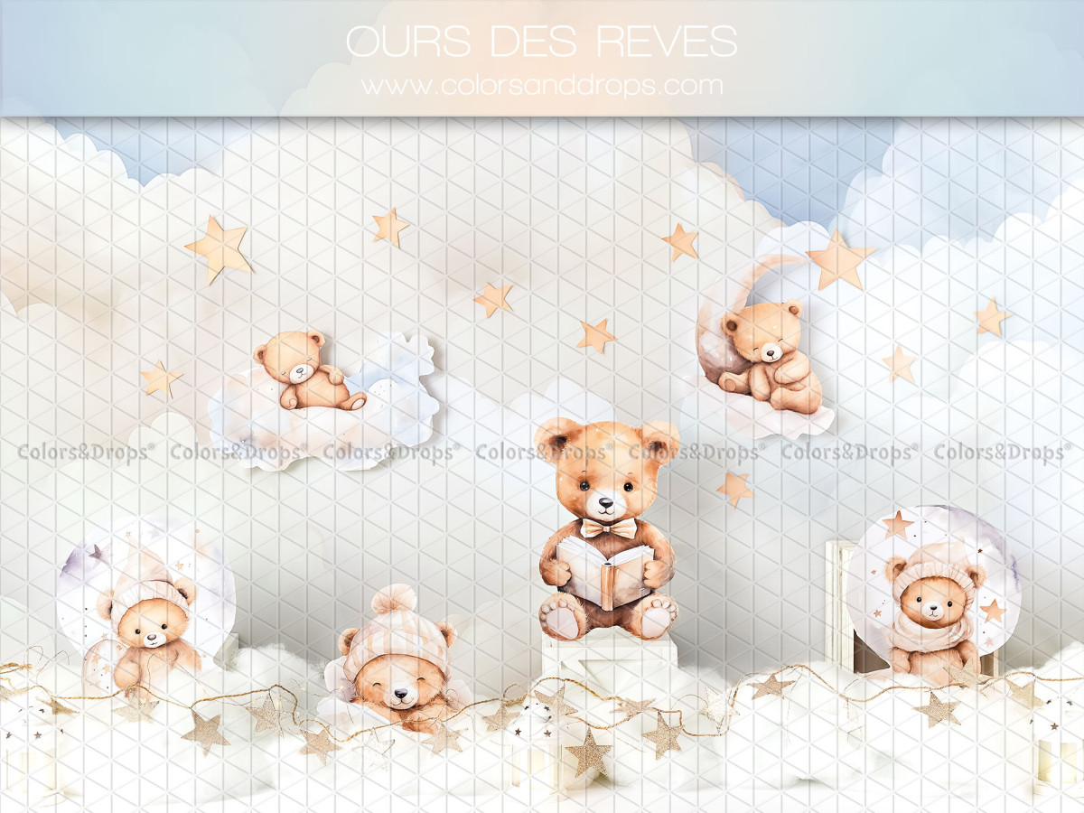 Baby & cake smash photo backdrop Ours des Reves – sleeping teddy bears in clouds and stars | Colors&Drops