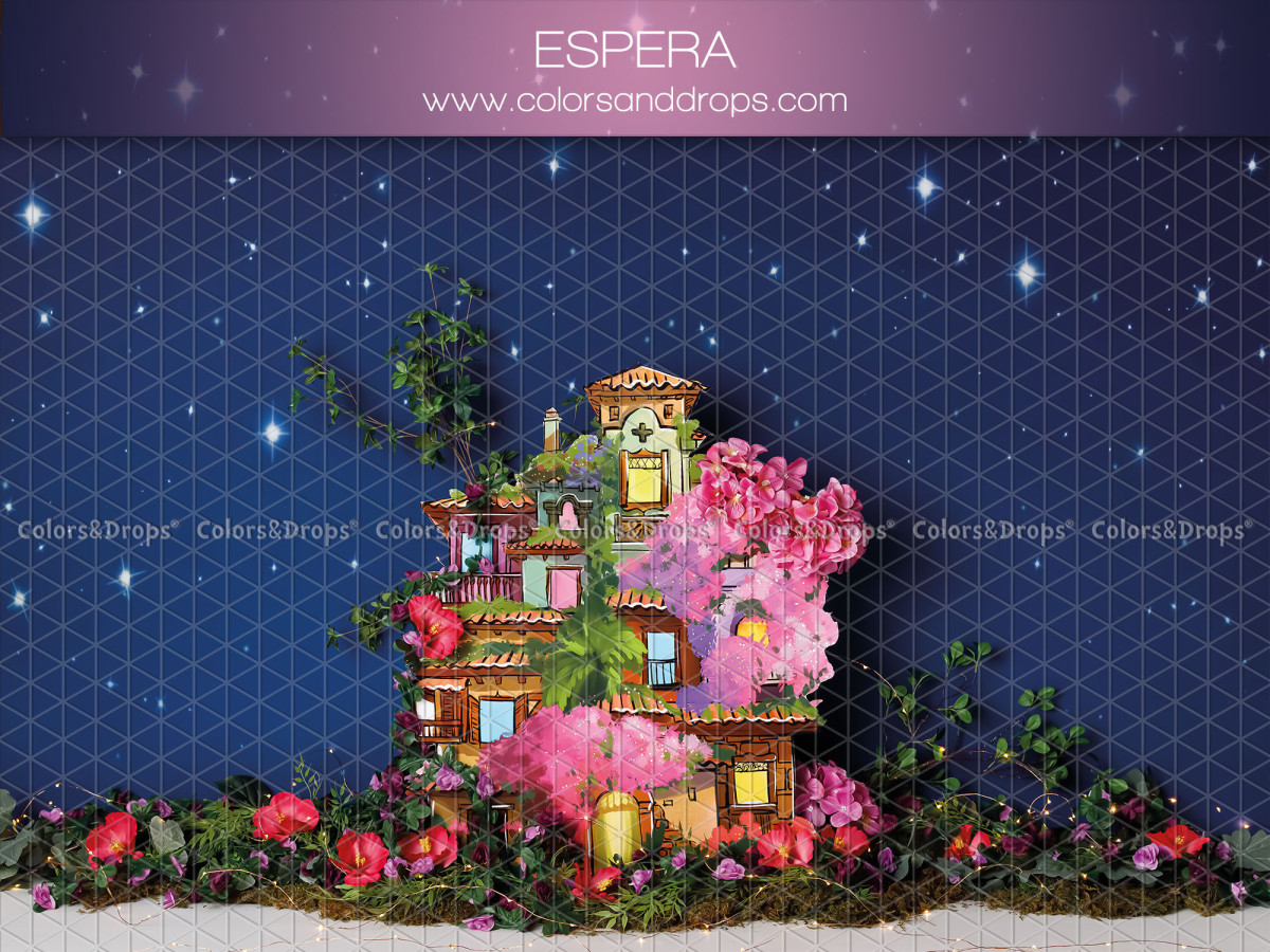 Baby & cake smash photo backdrop Espera – colourful flowered house under a starry sky | Colors&Drops