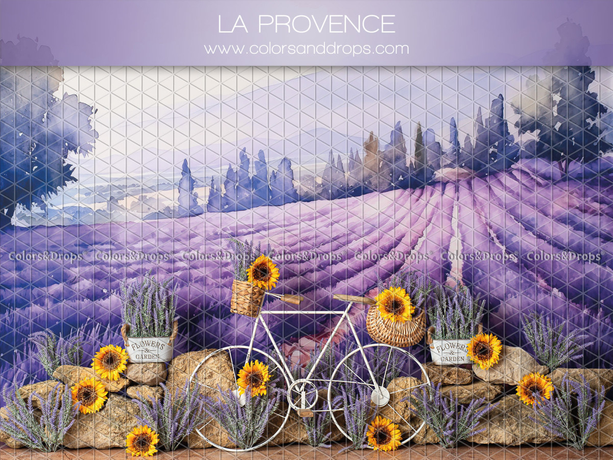 Fondo fotográfico de bebé y smash cake La Provence – campo de lavanda en Provenza con bicicleta y girasoles | Colors&Drops
