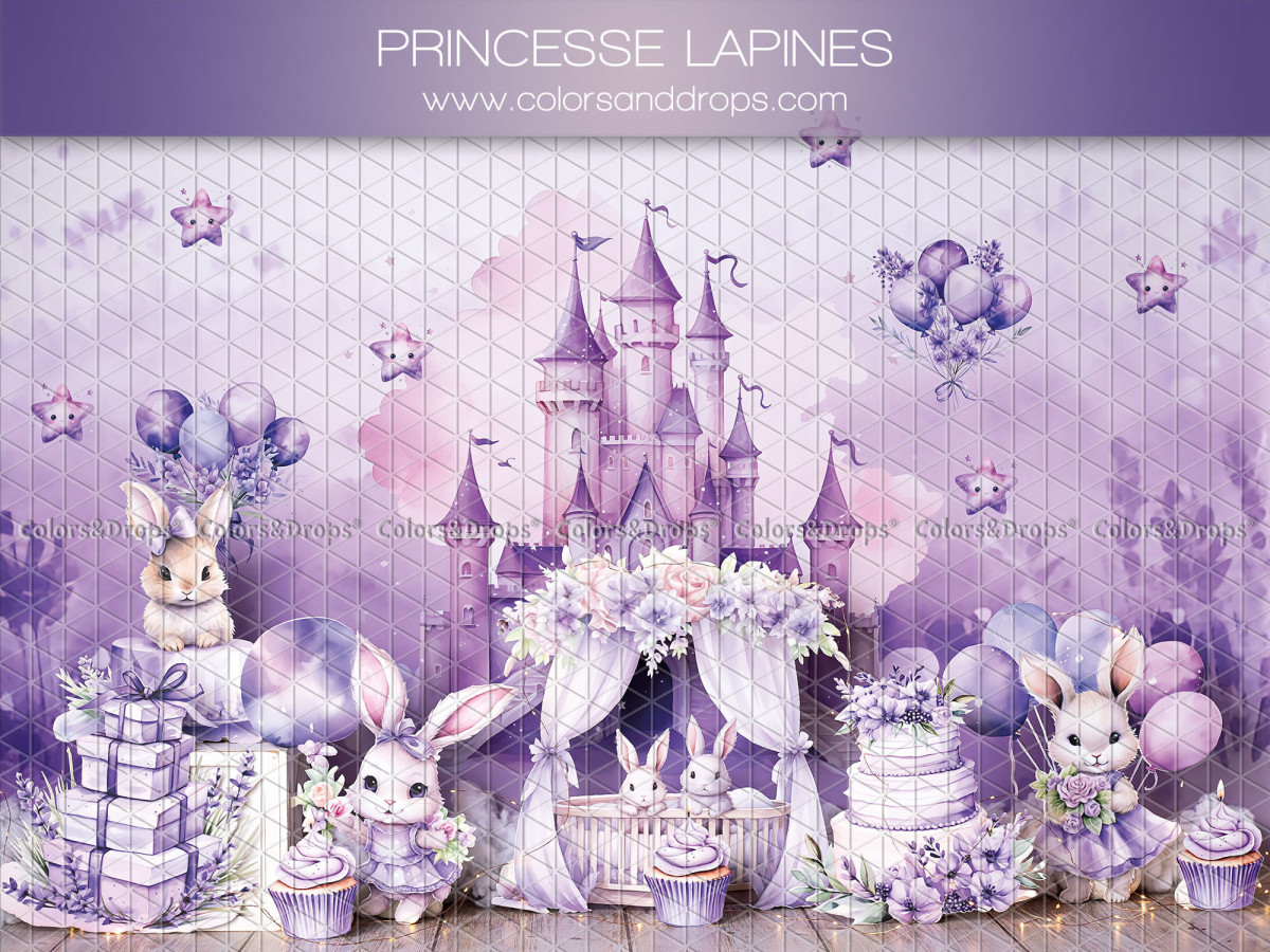 Baby & cake smash photo backdrop Princesses Lapines – purple princess castle with bunnies and gifts | Colors&Drops