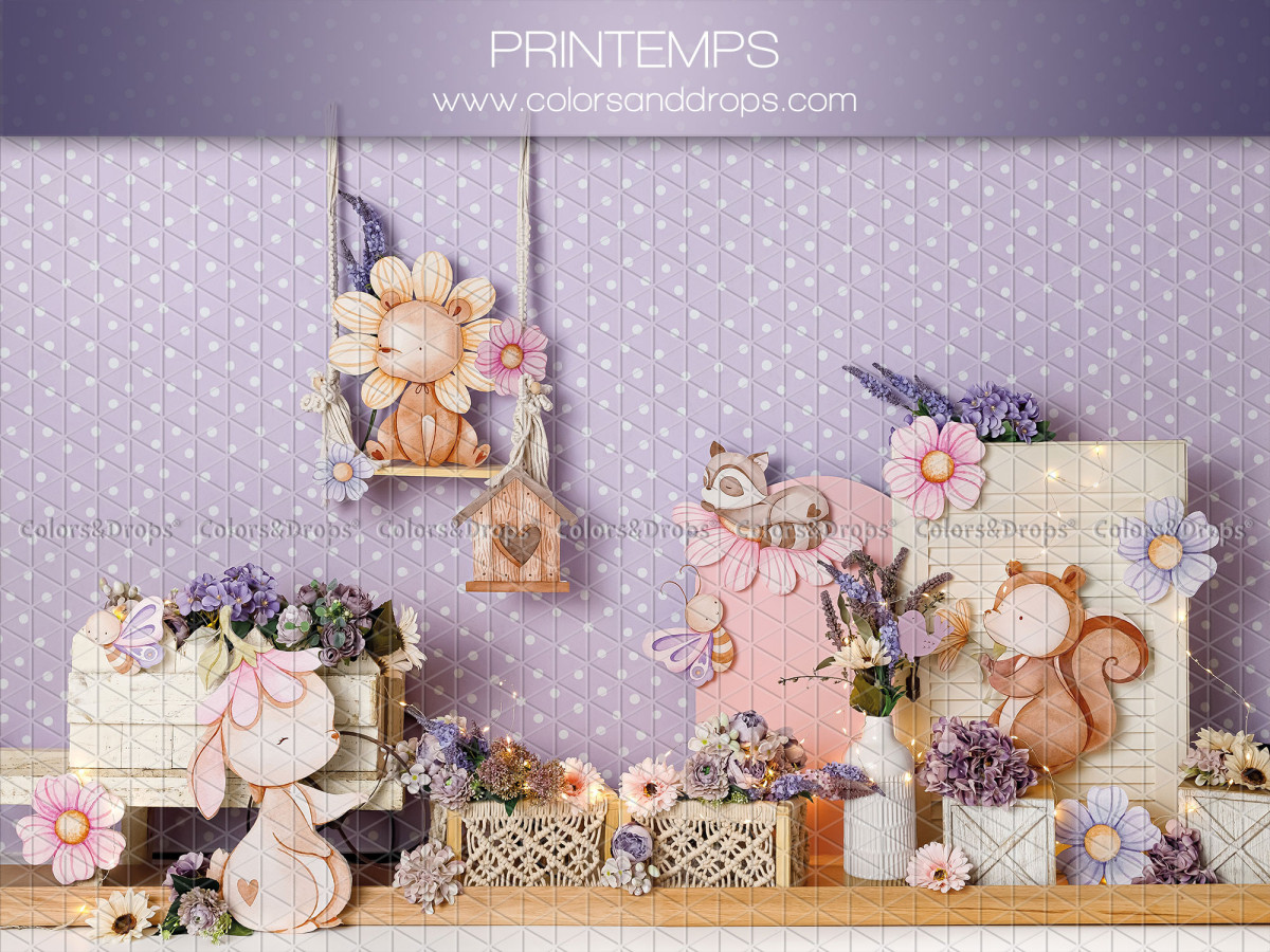 Fond photo bébé et smash cake Printemps – décor printemps avec écureuil, fleurs et balançoire | Colors&Drops