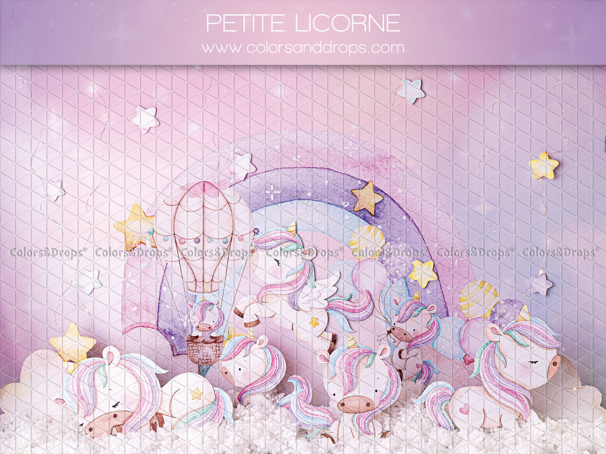 Baby & cake smash photo backdrop Petite Licorne – unicorns and hot air balloon on pastel watercolour | Colors&Drops