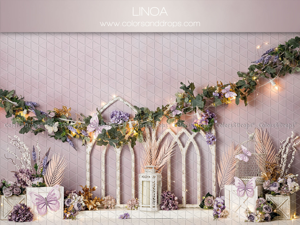 Baby & cake smash photo backdrop Linoa – white gothic arches with greenery garland | Colors&Drops