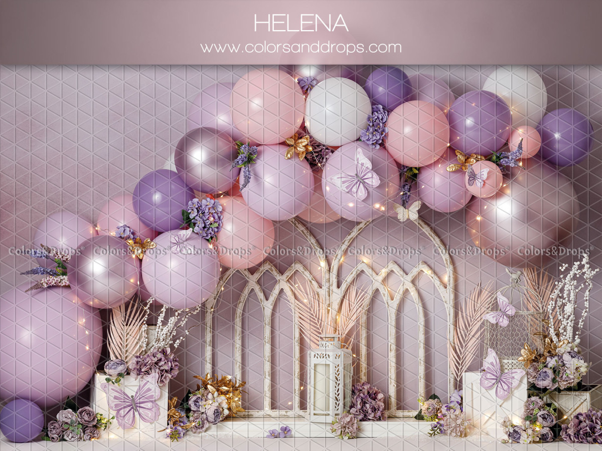 Fondo fotográfico de bebé y smash cake Helena – globos rosas y violetas con arcos góticos blancos | Colors&Drops