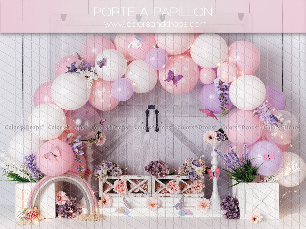Fond photo bébé et smash cake Arbre a Papillon – arche de ballons avec papillons et porte blanche | Colors&Drops