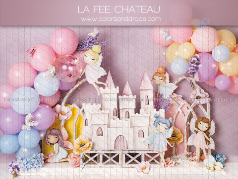 Fondo fotográfico de bebé y smash cake La Fee Chateau – castillo de hadas con globos pastel | Colors&Drops