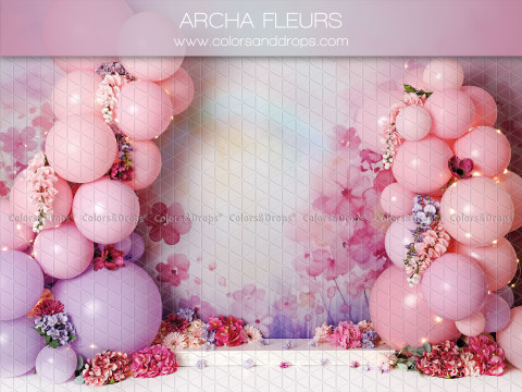 Fondo fotográfico de bebé y smash cake Archa Fleurs – arco de globos rosas y flores sobre fondo de acuarela | Colors&Drops