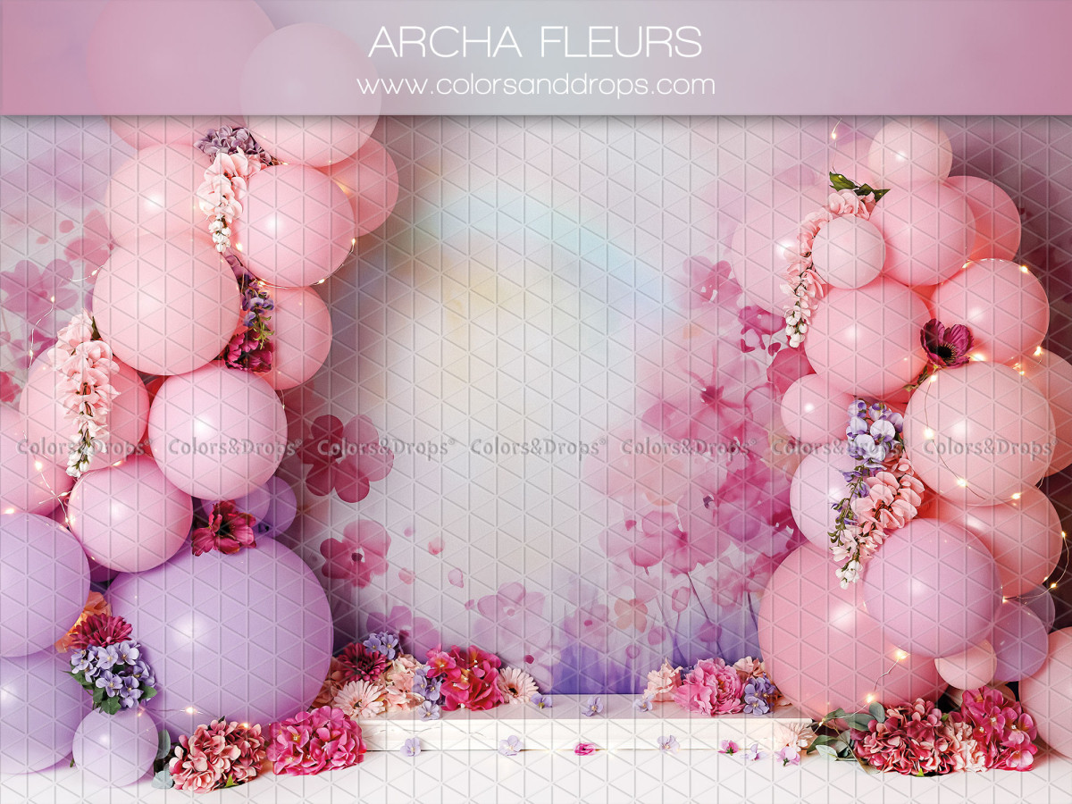 Fond photo bébé et smash cake Archa Fleurs – arche de ballons roses et fleurs sur fond aquarelle | Colors&Drops