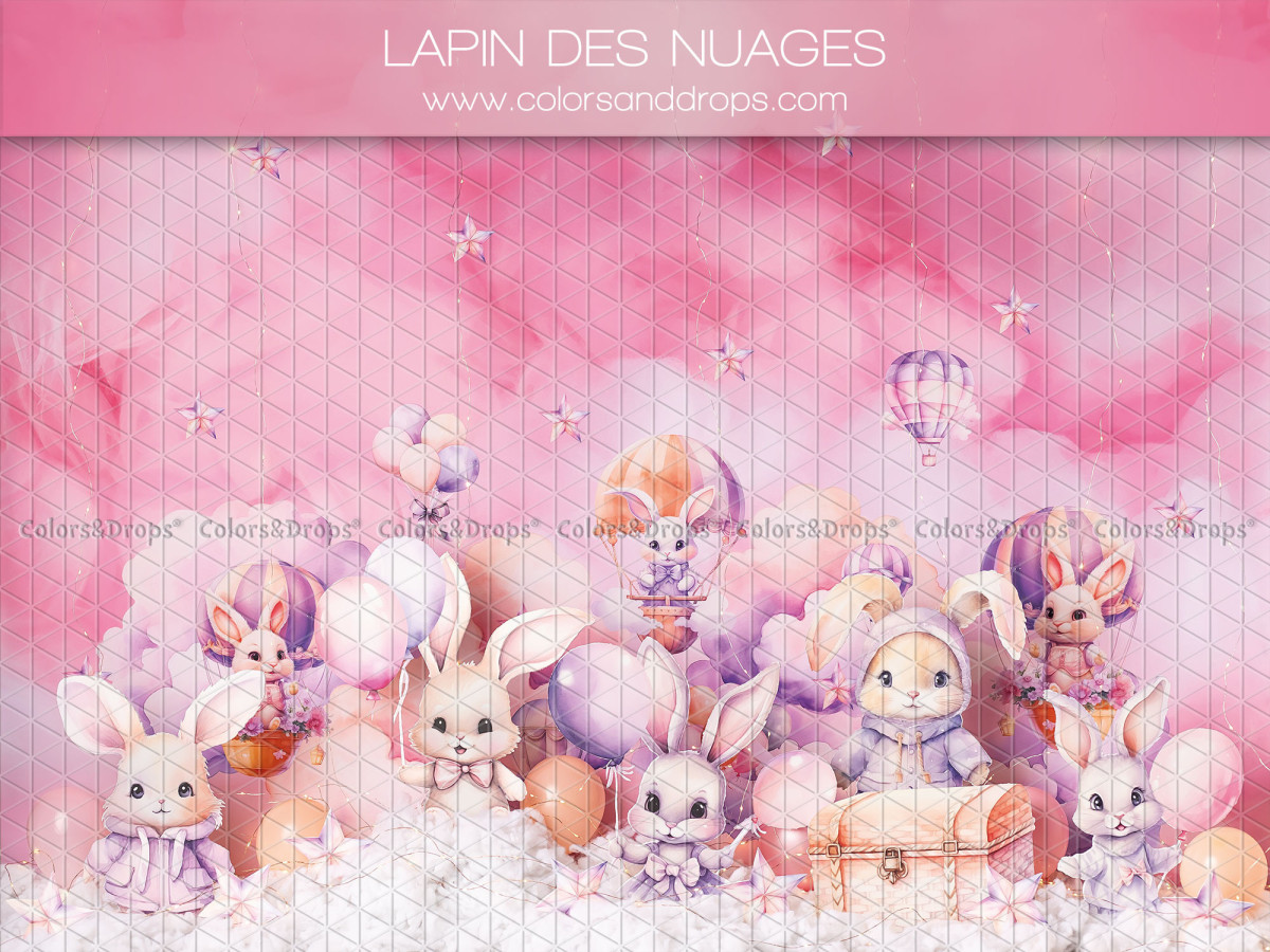 Fond photo bébé et smash cake Lapin des Nuages – lapins en peluche dans les nuages roses | Colors&Drops