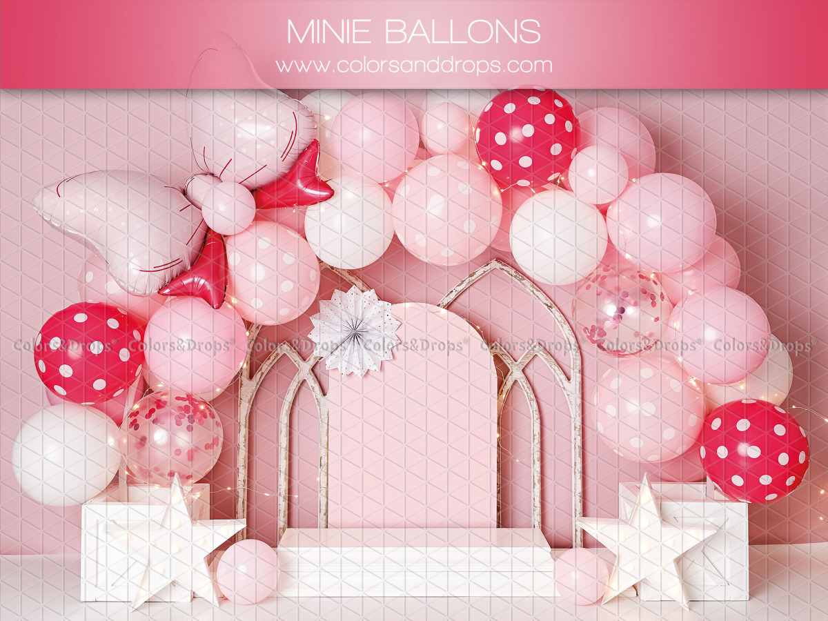 Fondo fotográfico de bebé y smash cake Minie Ballons – globos rosas y rojos de lunares con arcos y estrellas | Colors&Drops